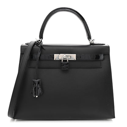 Hermes Madame Calfskin Shiny Niloticus Crocodile Kelly Sellier Touch 28 Black 1 of 12