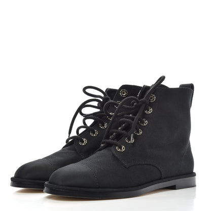 Chanel Cotton Grosgrain Cap Toe CC Lace Up Boots 40 Black 3 of 11