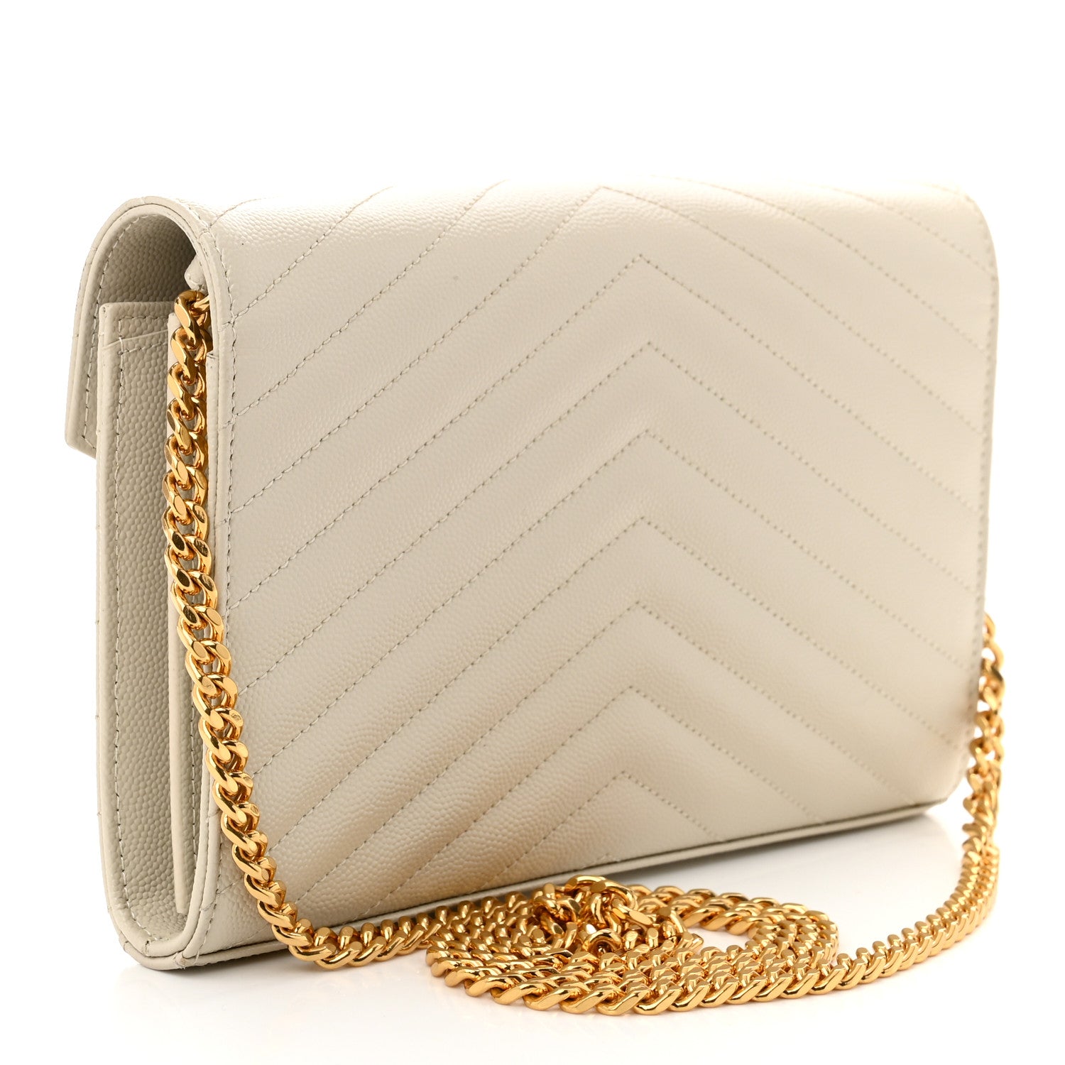 Saint Laurent Grain De Poudre Matelasse Chevron Monogram Chain Wallet Crema Soft 3 of 11