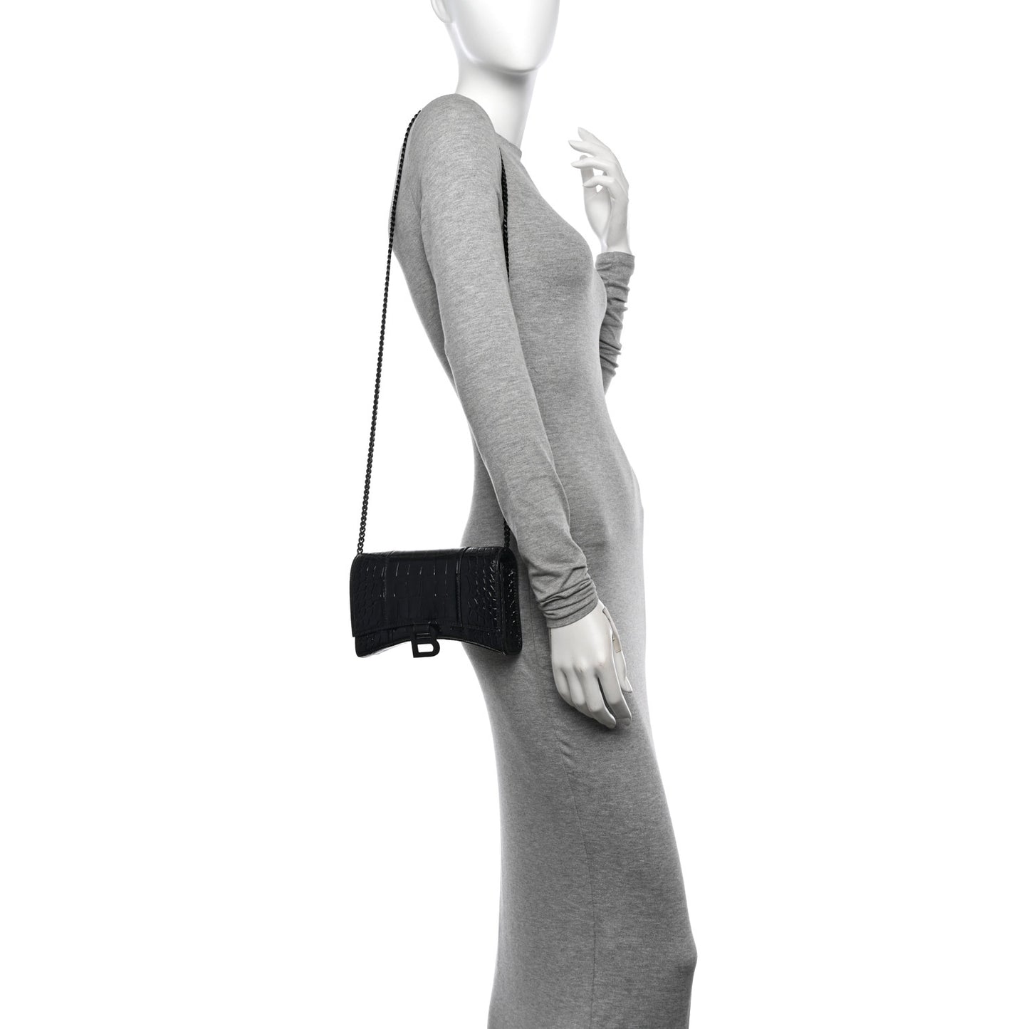 Shiny Calfskin Monochrome Crocodile Embossed Hourglass Chain Bag Black
