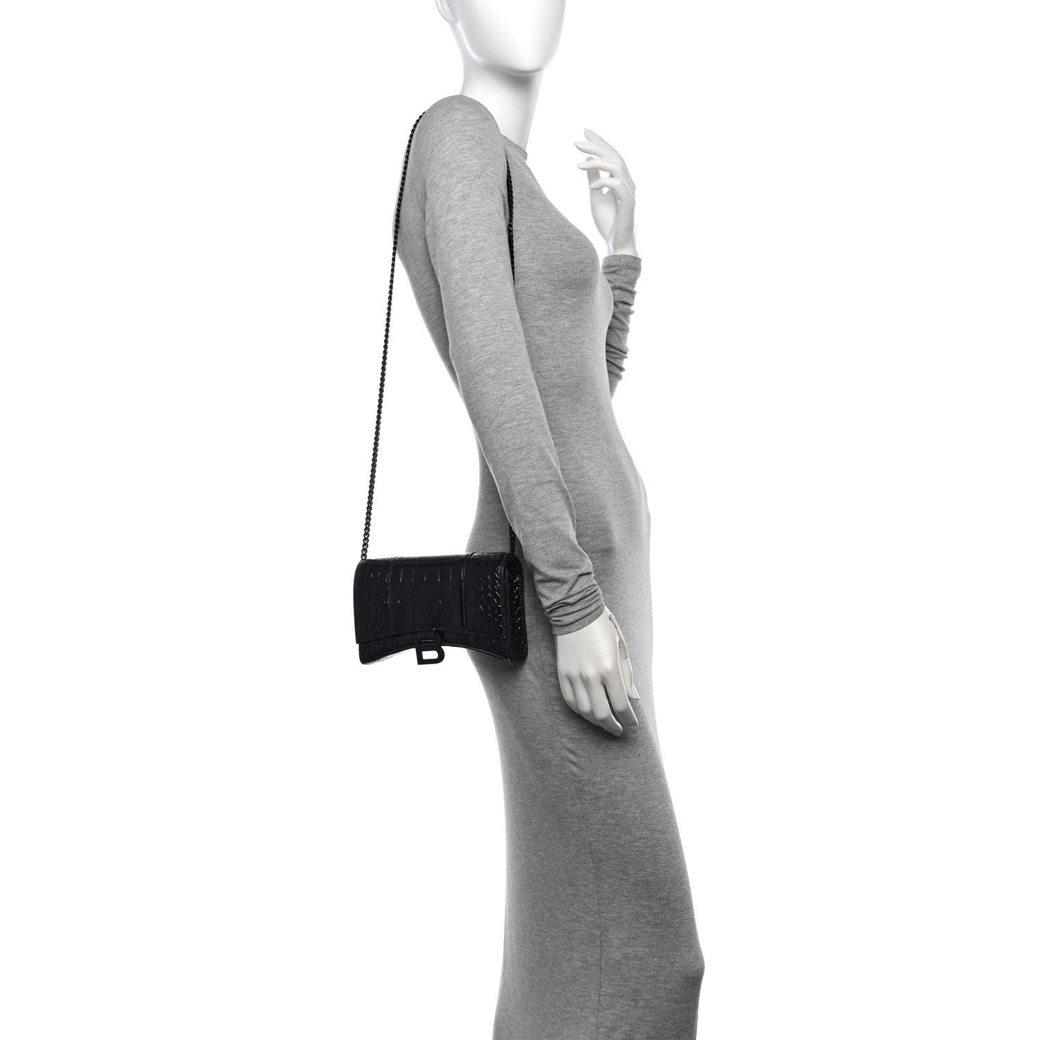 Balenciaga Shiny Calfskin Monochrome Crocodile Embossed Hourglass Chain Bag Black 2 of 13