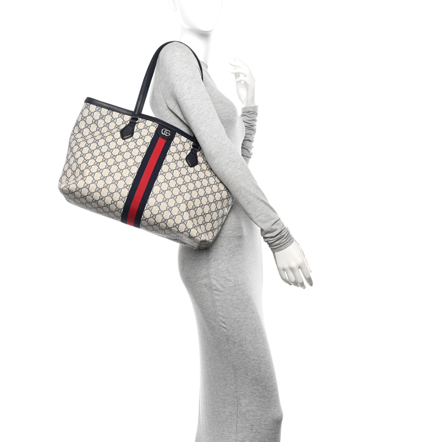 GG Supreme Monogram Textured Calfskin Web Medium Ophidia Shopping Tote Beige Blue