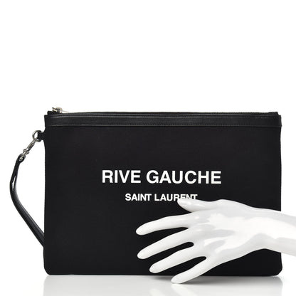Saint Laurent Linen Canvas Rive Gouche Zipped Pouch Black 2 of 7