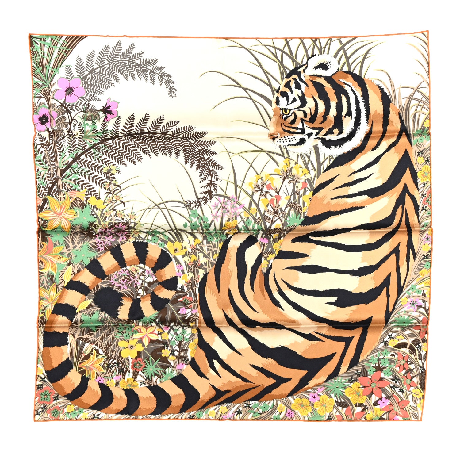 Hermes Silk Tyger Tyger Scarf 70 Beige Dore Orange Cuit Vert 1 of 5
