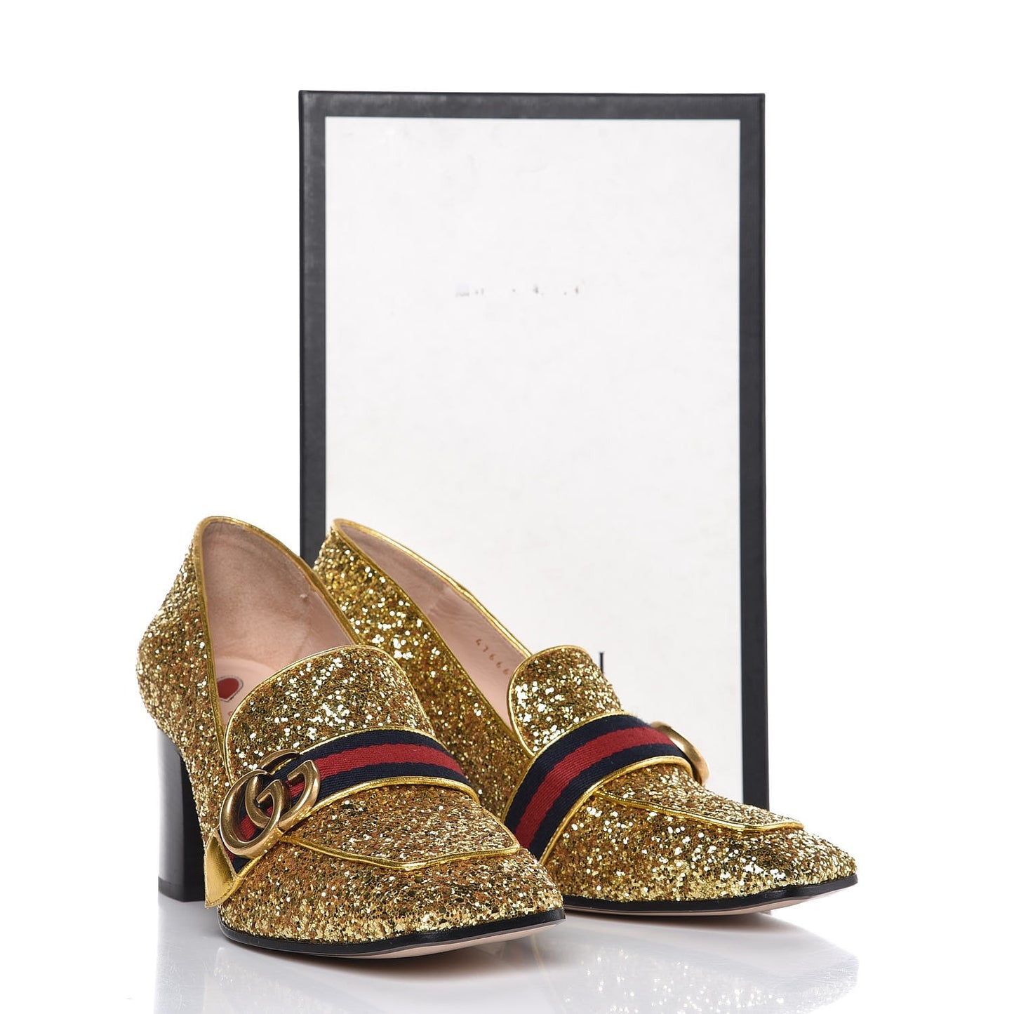 Glitter Nappa Web Peyton 75mm Loafer Pumps 38.5 Oro Vecchio