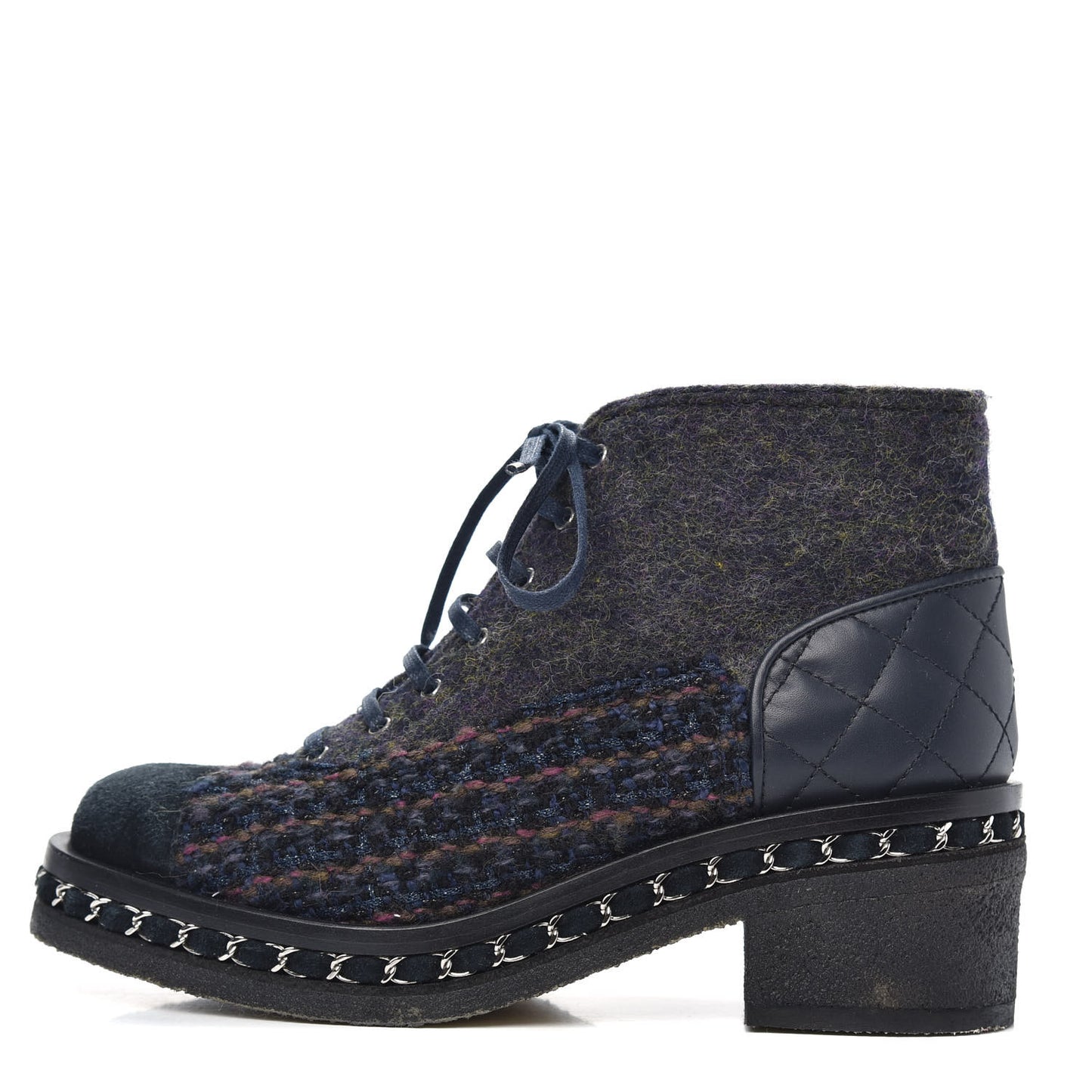 Wool Calfskin Tweed Lace Up Boots 36 Navy