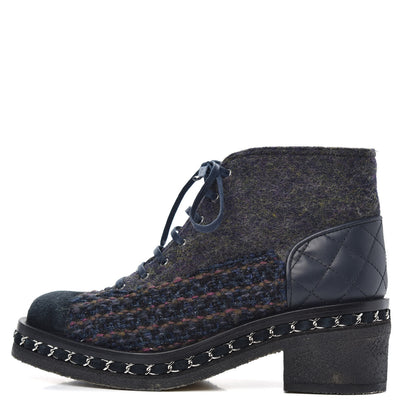 Chanel Wool Calfskin Tweed Lace Up Boots 36 Navy 1 of 8