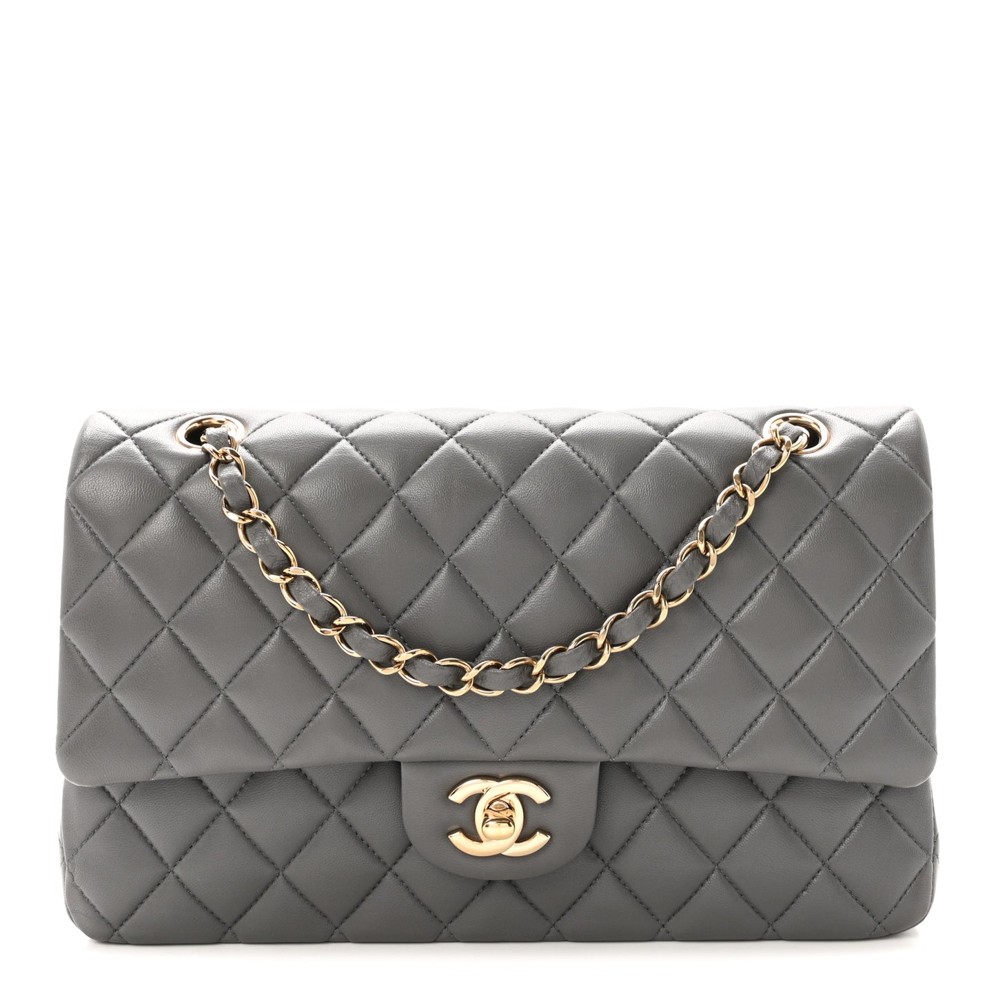 Lambskin Quilted Medium Double Flap Grey