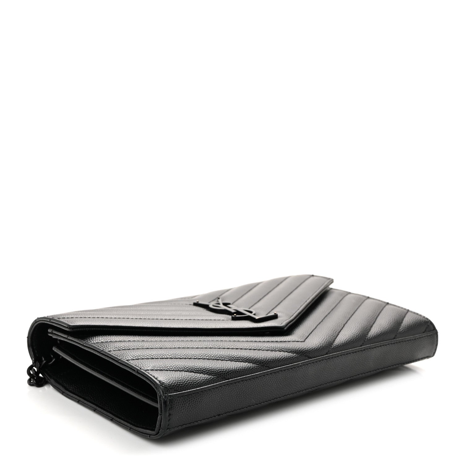Saint Laurent Grain De Poudre Matelasse Chevron Monogram Monochrome Chain Wallet Black 4 of 9