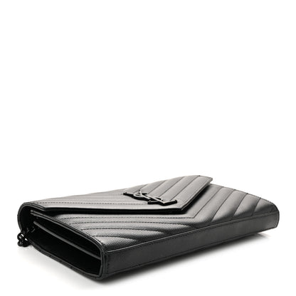 Saint Laurent Grain De Poudre Matelasse Chevron Monogram Monochrome Chain Wallet Black 4 of 9