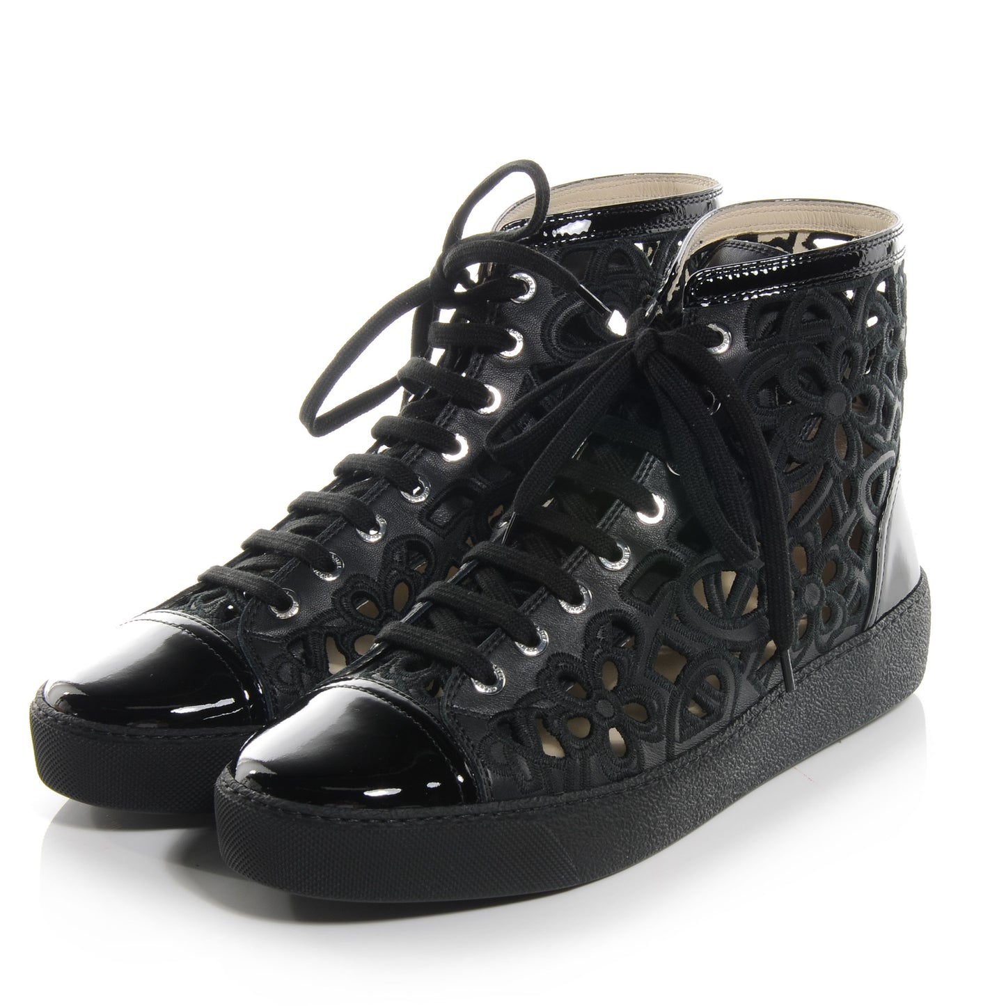 Patent Grained Goatskin Hollow Out Flower Sneakers 39 Black