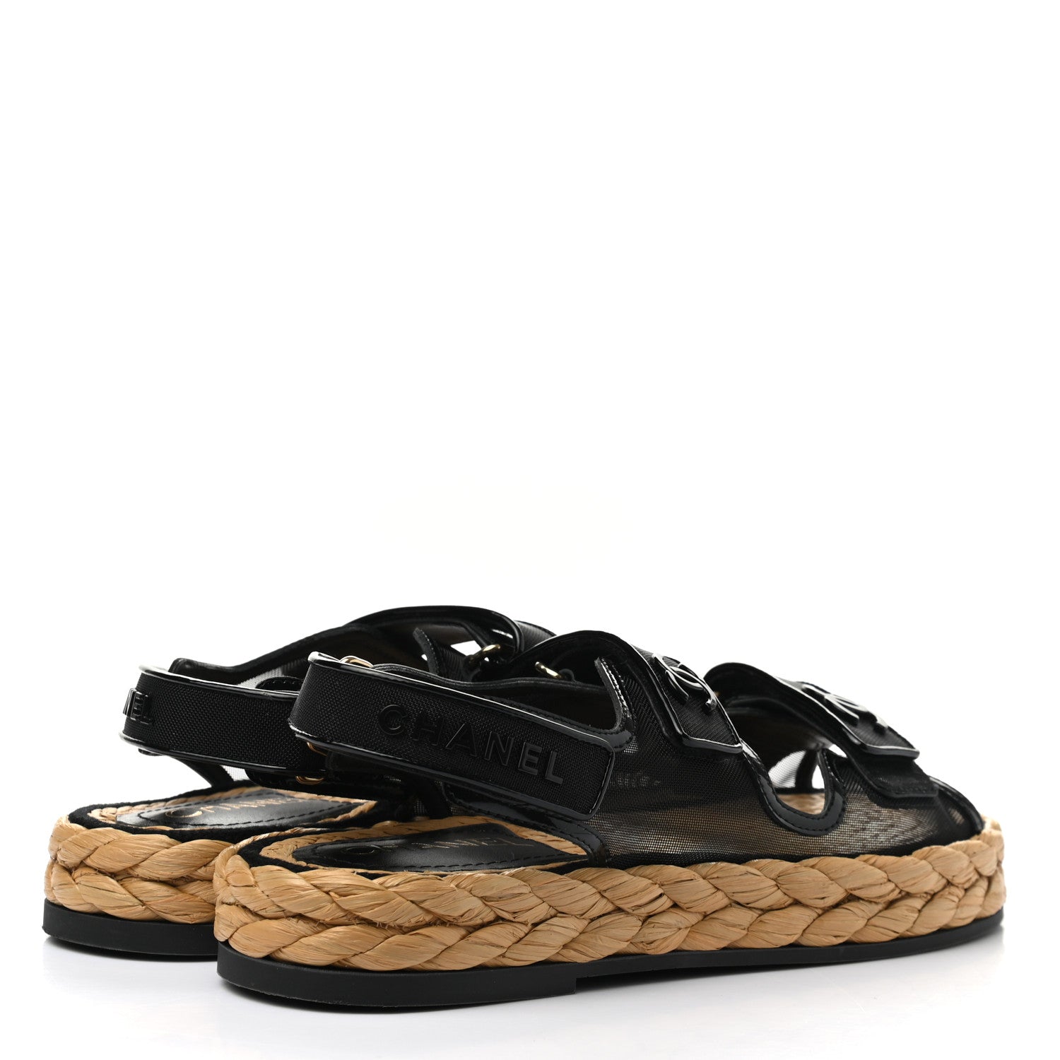 Chanel Mesh Patent Calfskin Velcro Dad Sandals 37 Black 4 of 10