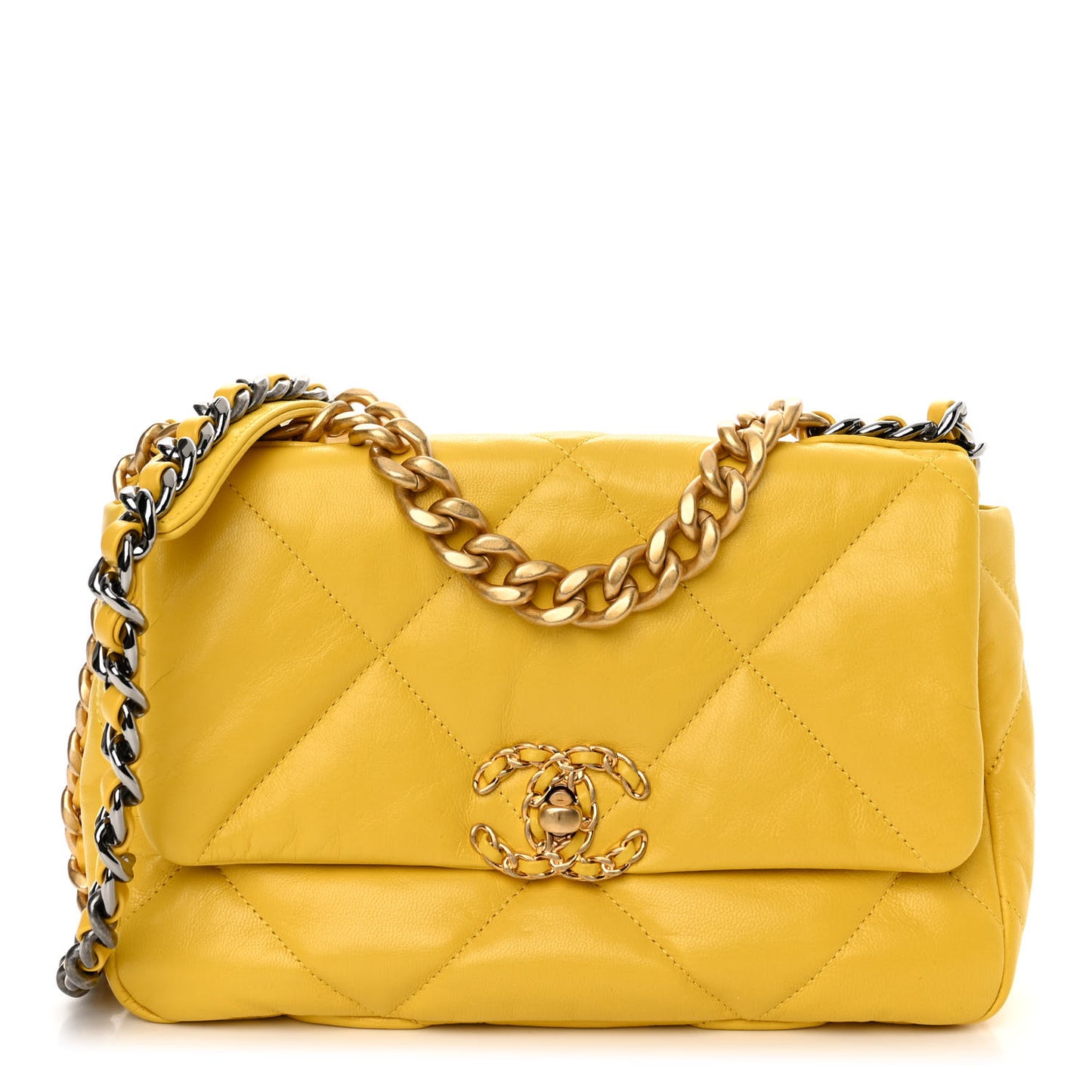 Shiny Goatskin Quilted Medium Chanel 19 Flap Yellow