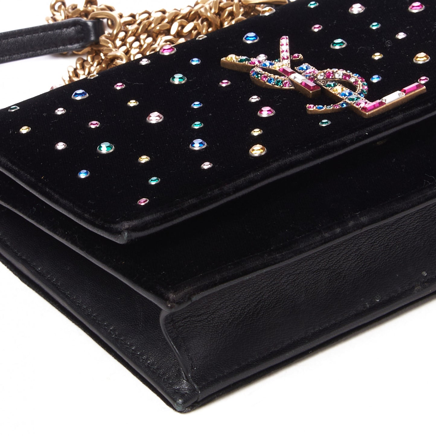 Velvet Crystal Embellished Monogram Kate Chain Wallet Black