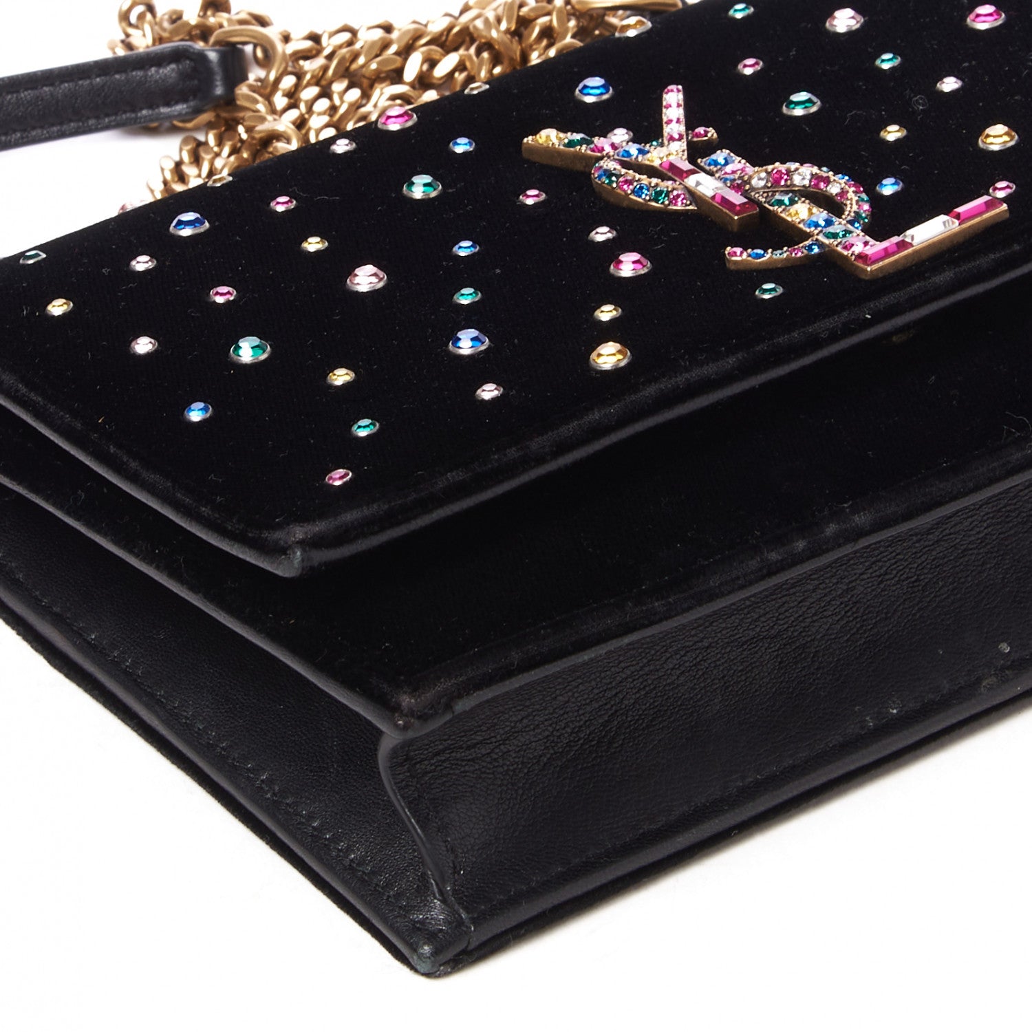 Saint Laurent Velvet Crystal Embellished Monogram Kate Chain Wallet Black 6 of 9