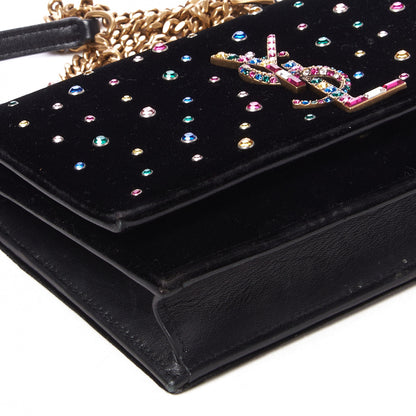 Saint Laurent Velvet Crystal Embellished Monogram Kate Chain Wallet Black 6 of 9