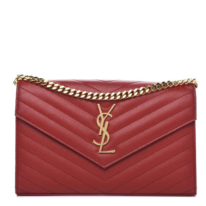 Saint Laurent Grain De Poudre Matelasse Chevron Monogram Chain Wallet Vermillion 1 of 12