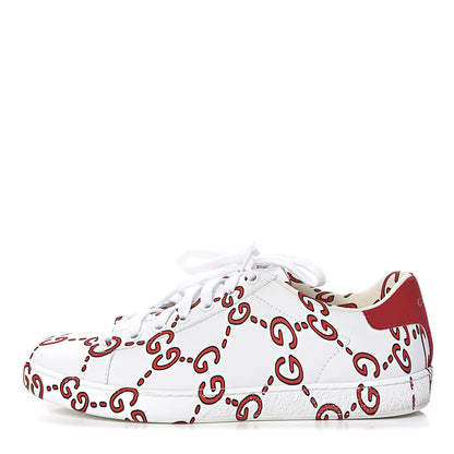 Gucci Calfskin GucciGhost Print Womens Ace Sneakers 37 White Hibiscus Red 1 of 15