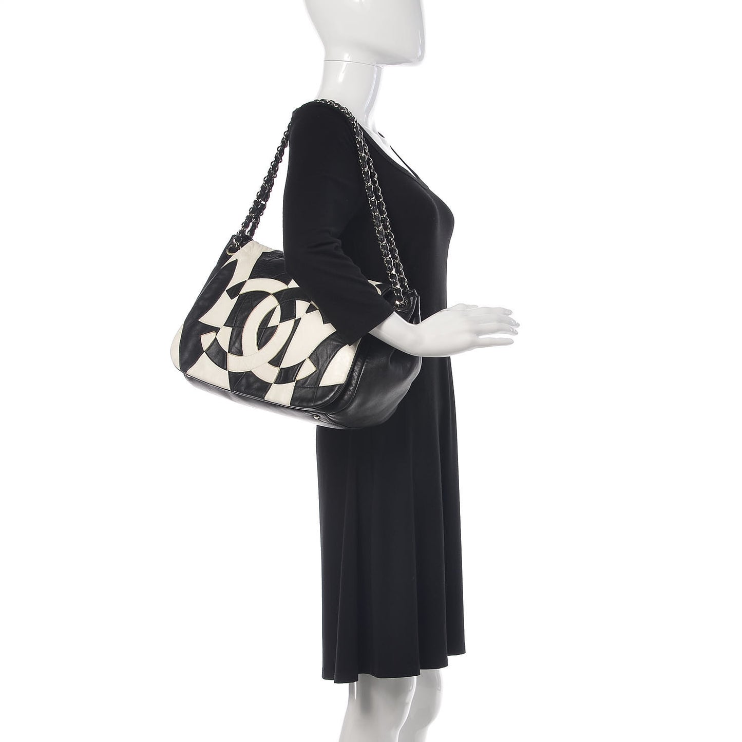 Lambskin Patchwork Accordion Flap Black White