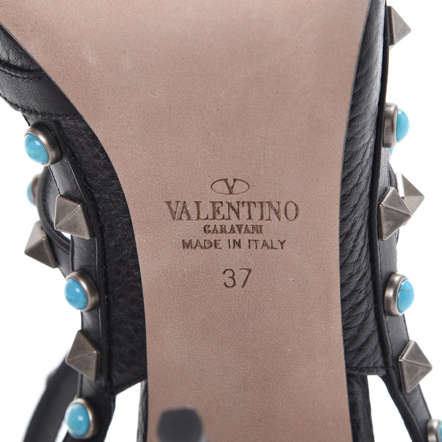 Pebbled Calfskin Turquoise Rockstud Rolling Ankle Strap 100mm Pumps 37 Black