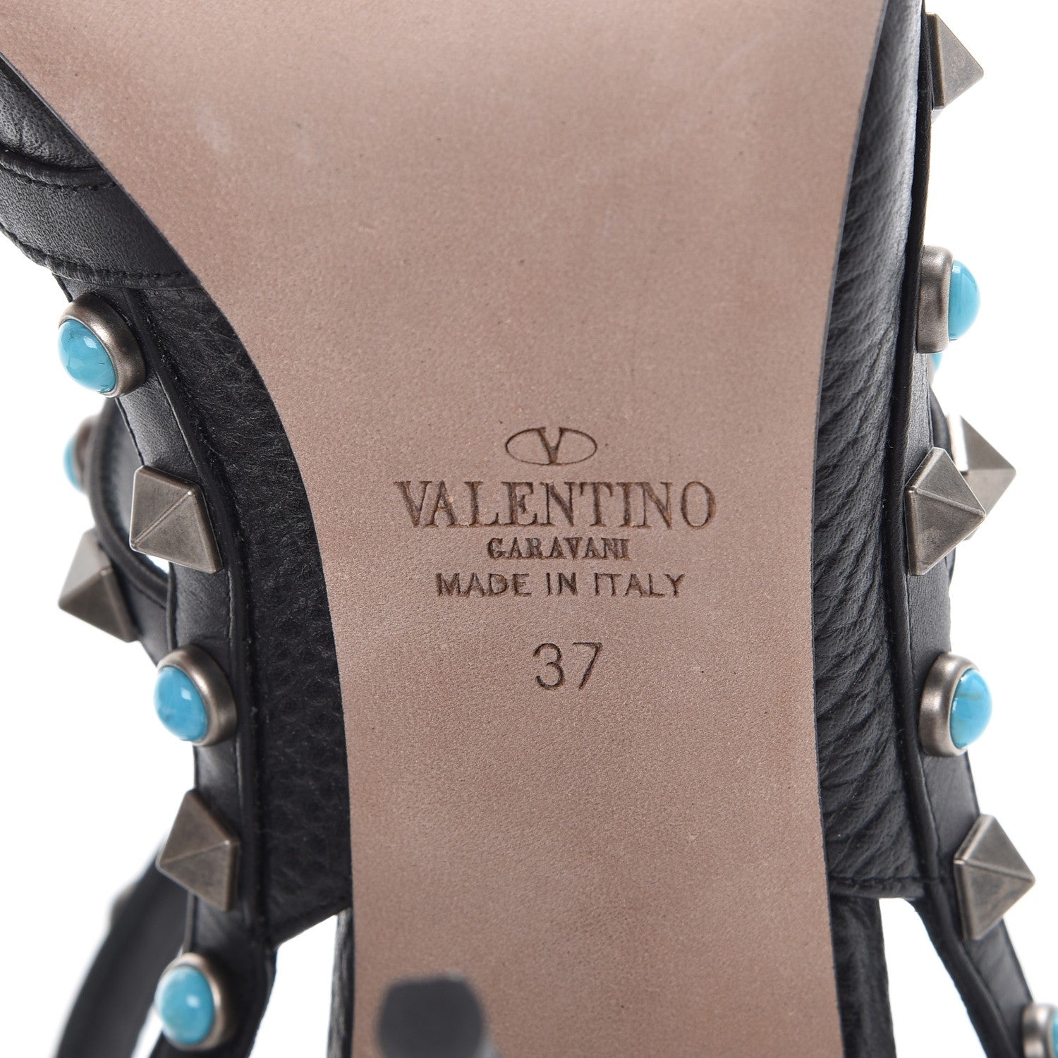 Valentino Garavani Pebbled Calfskin Turquoise Rockstud Rolling Ankle Strap 100mm Pumps 37 Black 6 of 9