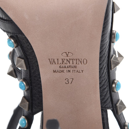 Valentino Garavani Pebbled Calfskin Turquoise Rockstud Rolling Ankle Strap 100mm Pumps 37 Black 6 of 9