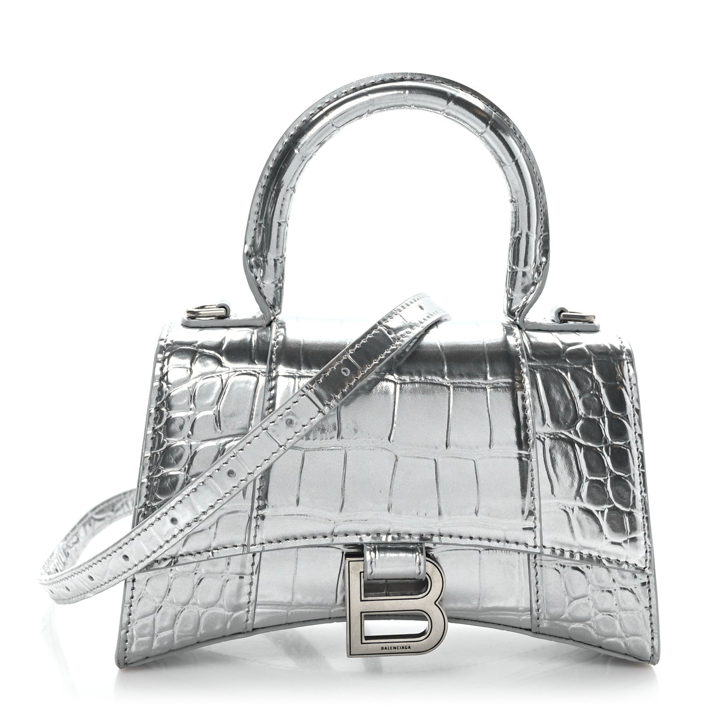 Metallic Calfskin Crocodile Embossed Hourglass Top Handle Bag XS Silver