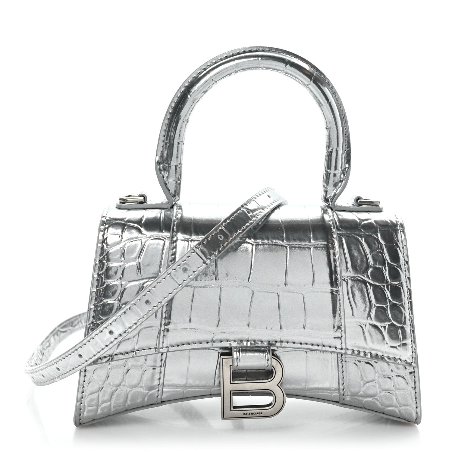 Balenciaga Metallic Calfskin Crocodile Embossed Hourglass Top Handle Bag XS Silver 1 of 9