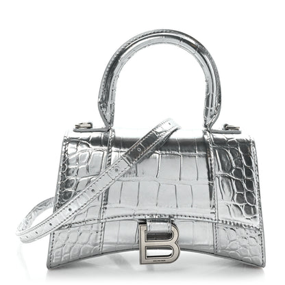 Balenciaga Metallic Calfskin Crocodile Embossed Hourglass Top Handle Bag XS Silver 1 of 9