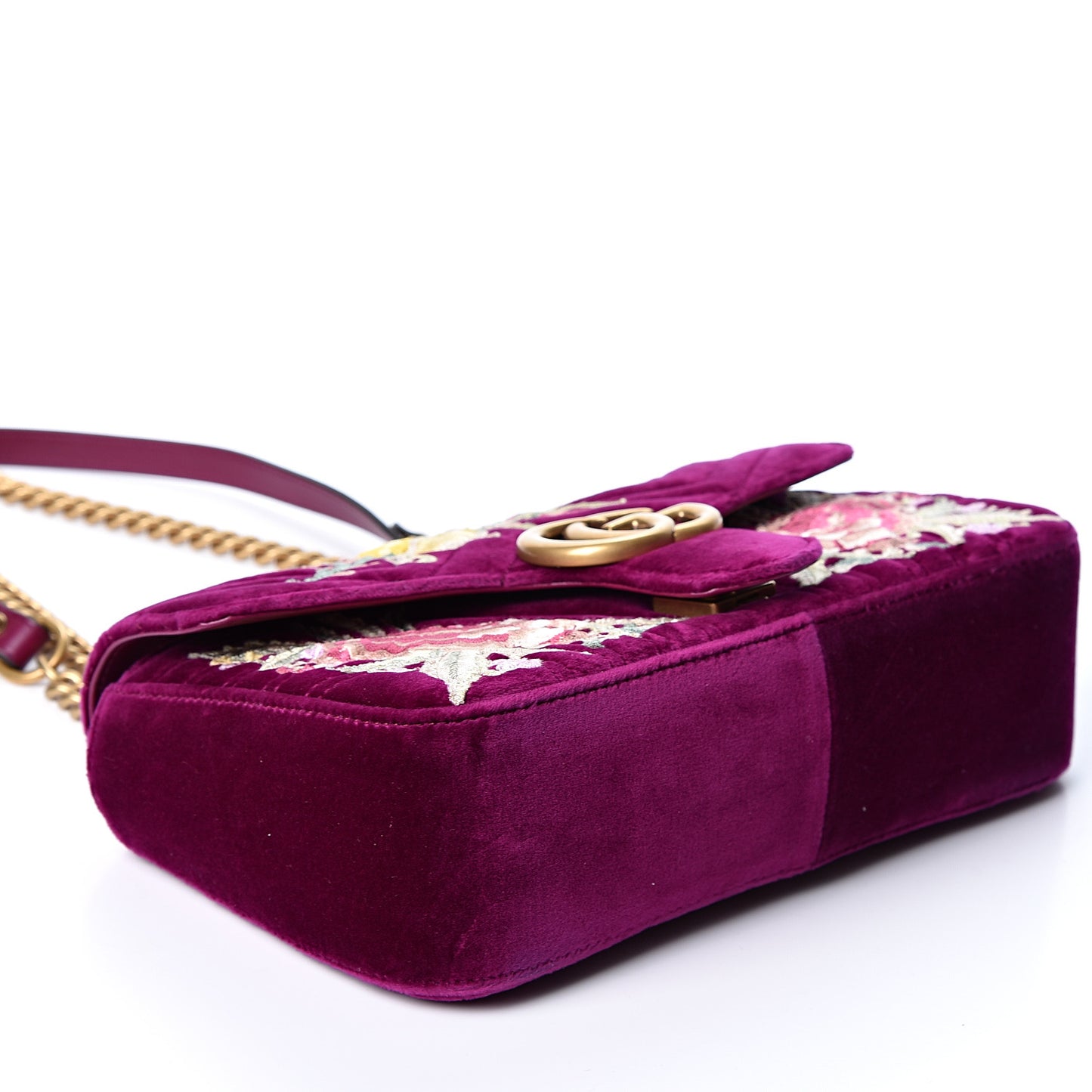 Velvet Matelasse Embroidered Small GG Marmont Shoulder Bag Fuchsia Violet Cyclamen