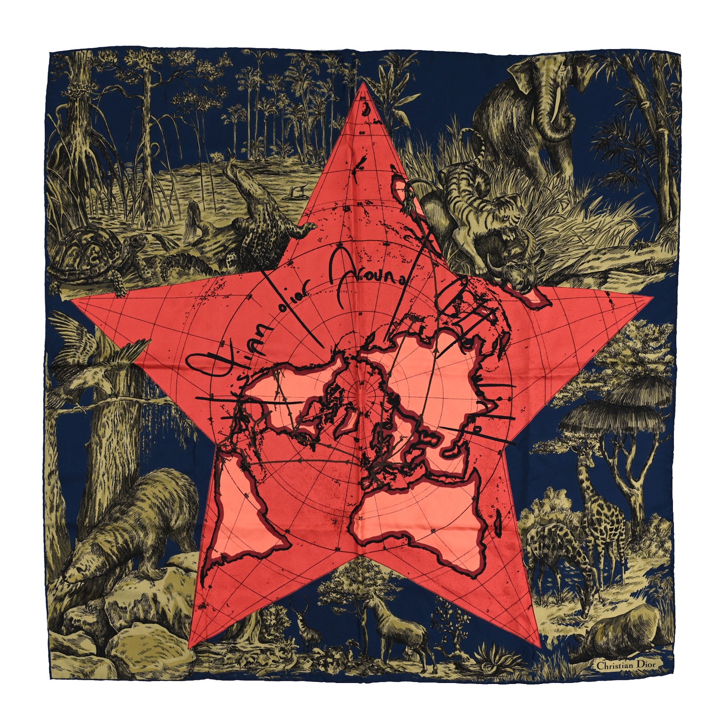 Silk Around The World Square Scarf 90 Red Multicolor