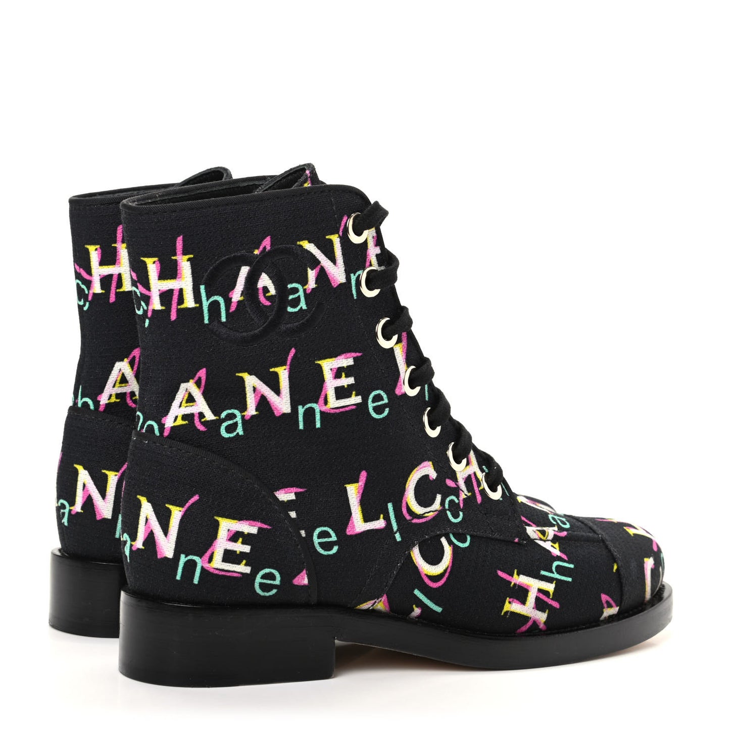 Tweed Lace Up Short Boots 37 Black Ecru Green Red