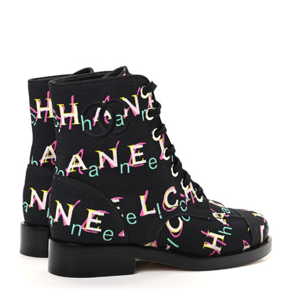 Chanel Tweed Lace Up Short Boots 37 Black Ecru Green Red 4 of 11