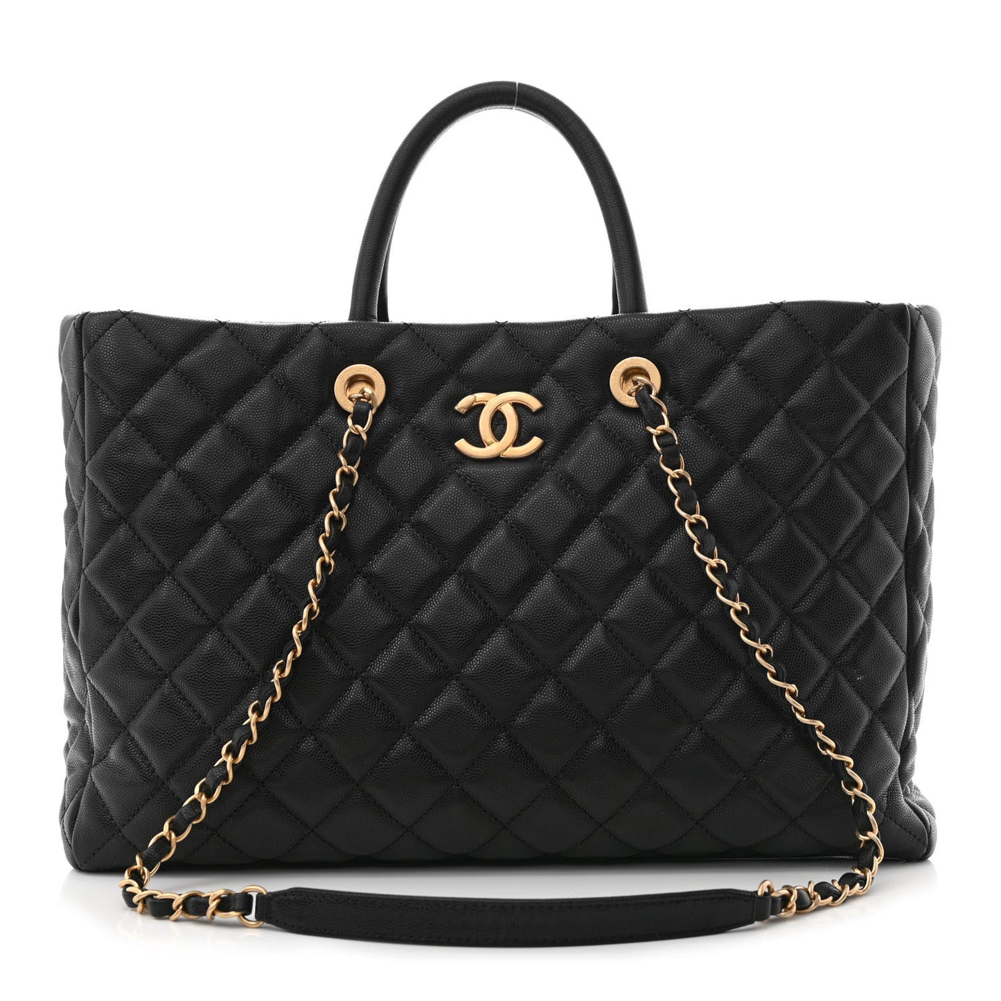 Caviar Quilted Large Coco Handle Shopping Tote Black