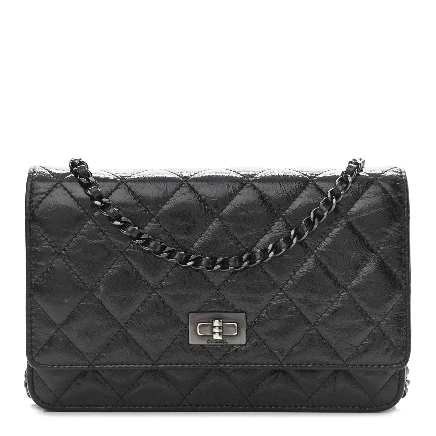 Distressed Patent Calfskin Quilted Reissue Wallet On Chain WOC Black