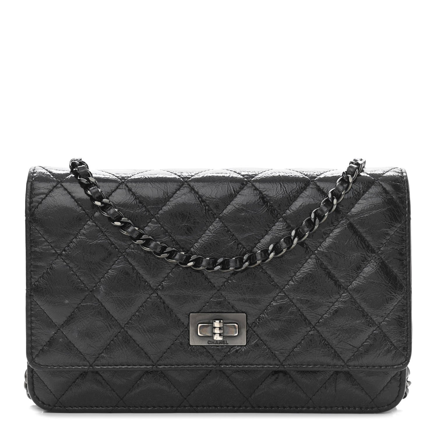 Chanel Distressed Patent Calfskin Quilted Reissue Wallet On Chain WOC Black 1 of 13