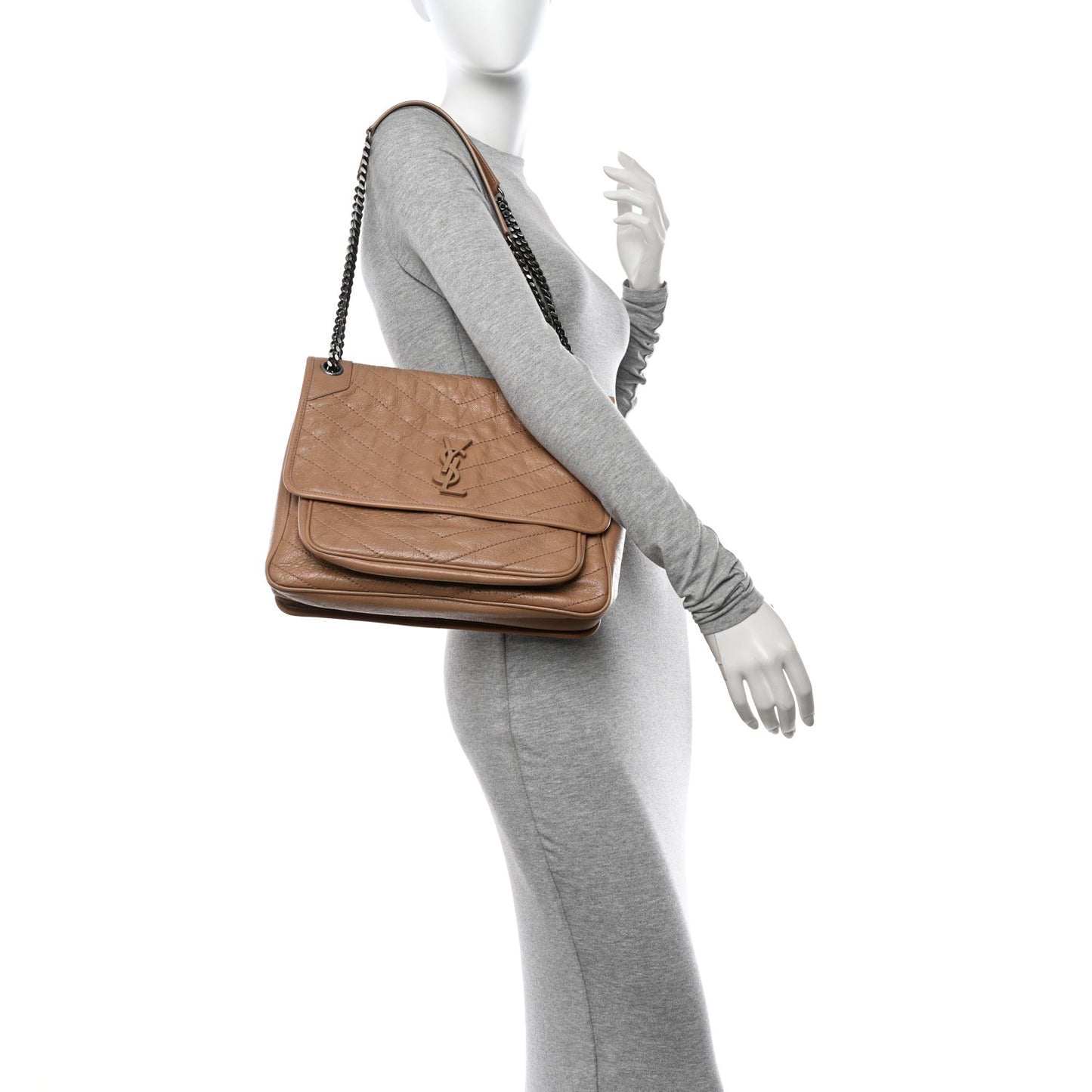 Crinkled Calfskin Matelasse Monogram Large Niki Chain Satchel Dark Toffee