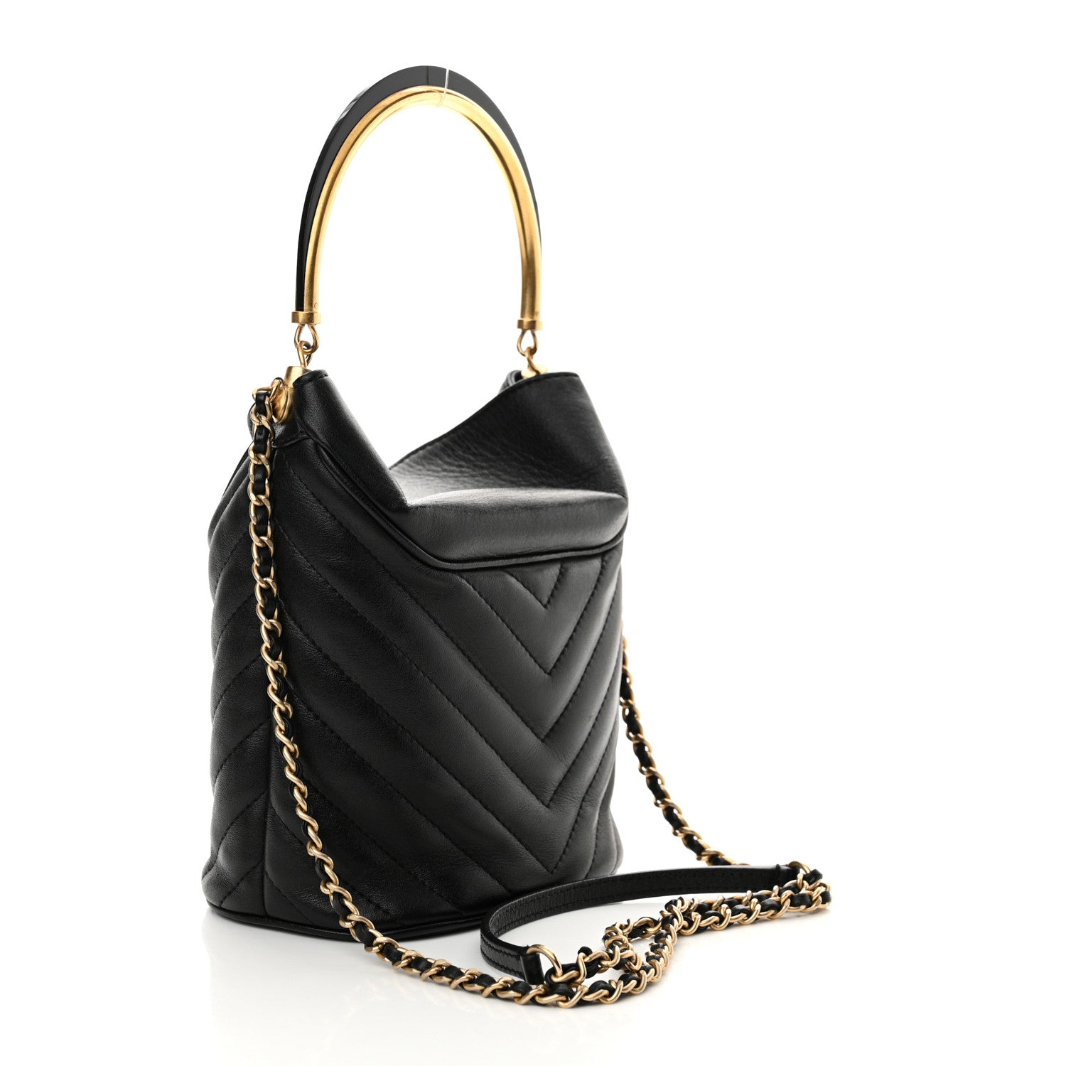 Chanel Lambskin Chevron Quilted Handle With Chic Bucket Bag Black 3 of 10