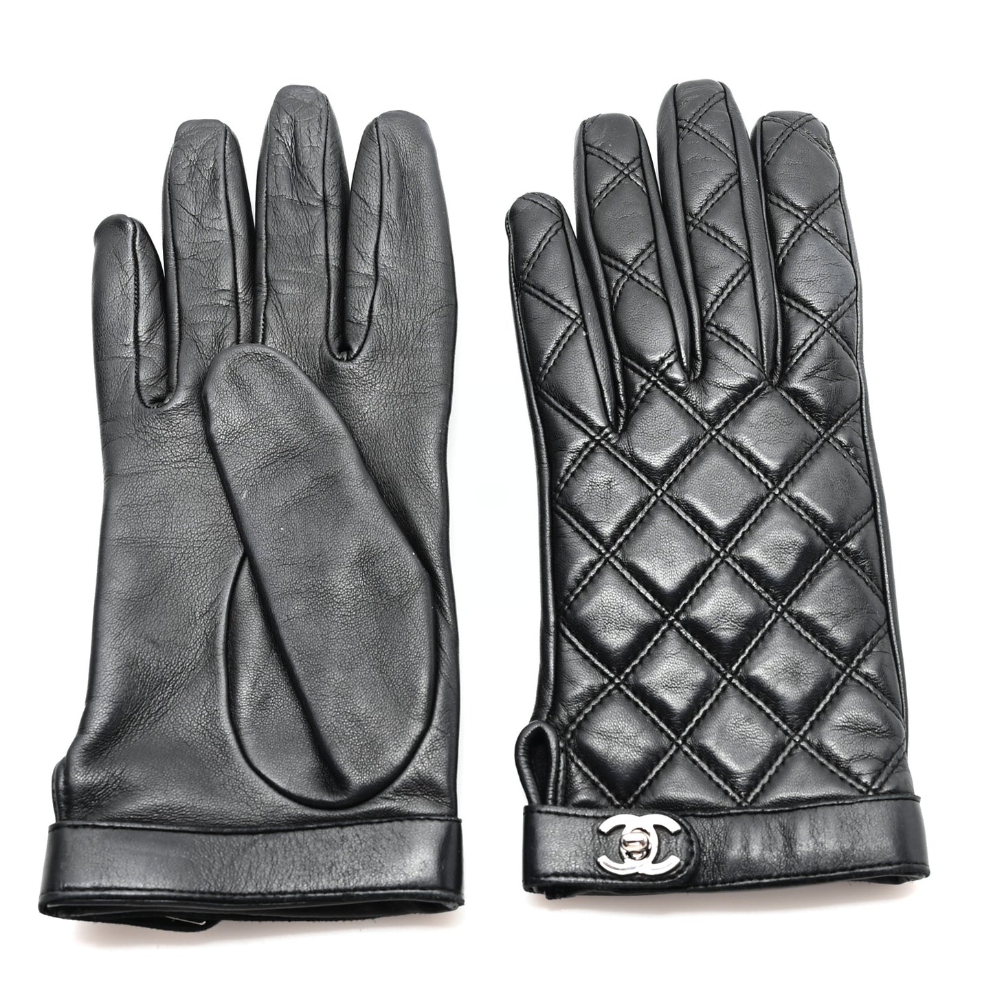 Lambskin Quilted Turnlock Gloves 7.5 Black