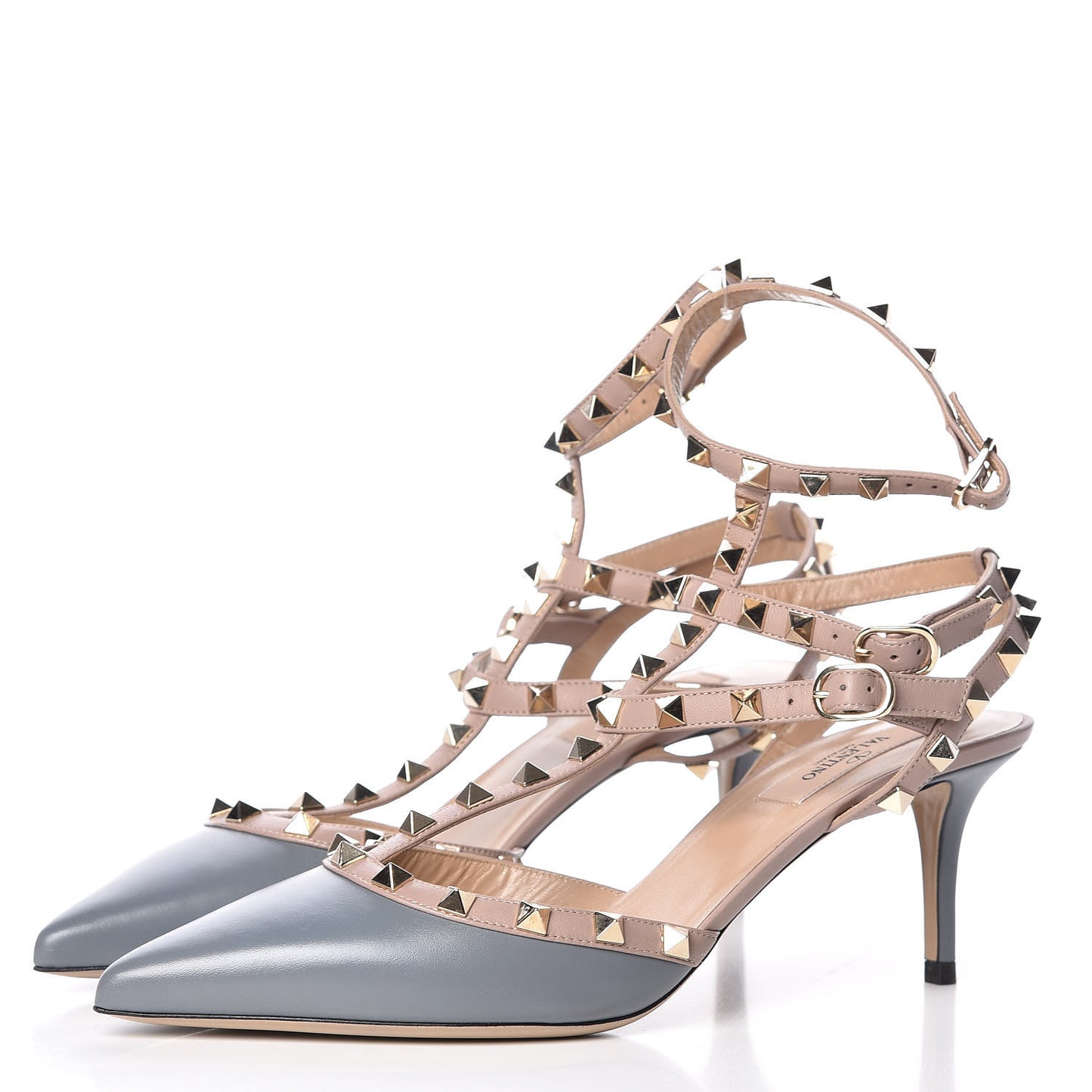 Calfskin Nappa Rockstud Ankle Strap 65mm Pumps 39.5 Light Stone Poudre