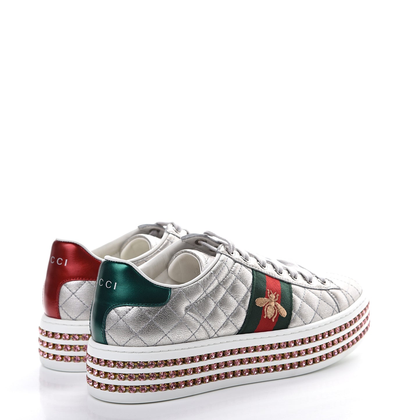 Laminated Nappa Crystal Web Bee Embroidered Trapuntata Womens Ace Platform Sneakers 36.5 Argento