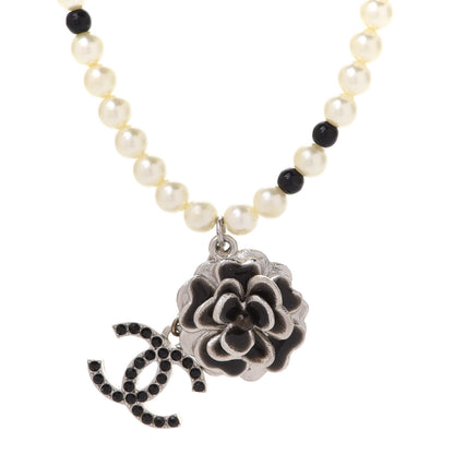 Chanel Crystal Pearl Enamel Beaded Camellia CC Necklace Silver Black 4 of 6