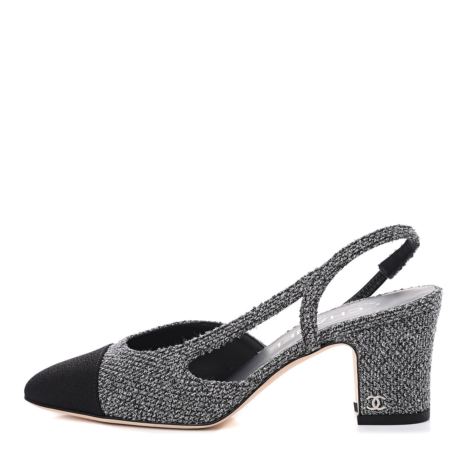 Tweed Cap Toe CC Slingback Pumps 36 Black Grey