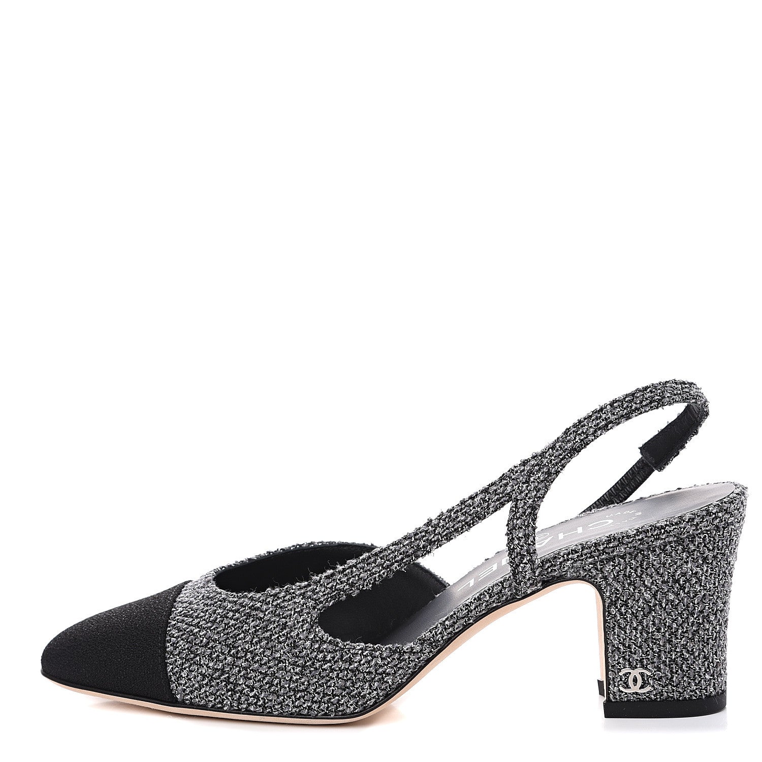 Chanel Tweed Cap Toe CC Slingback Pumps 36 Black Grey 1 of 9