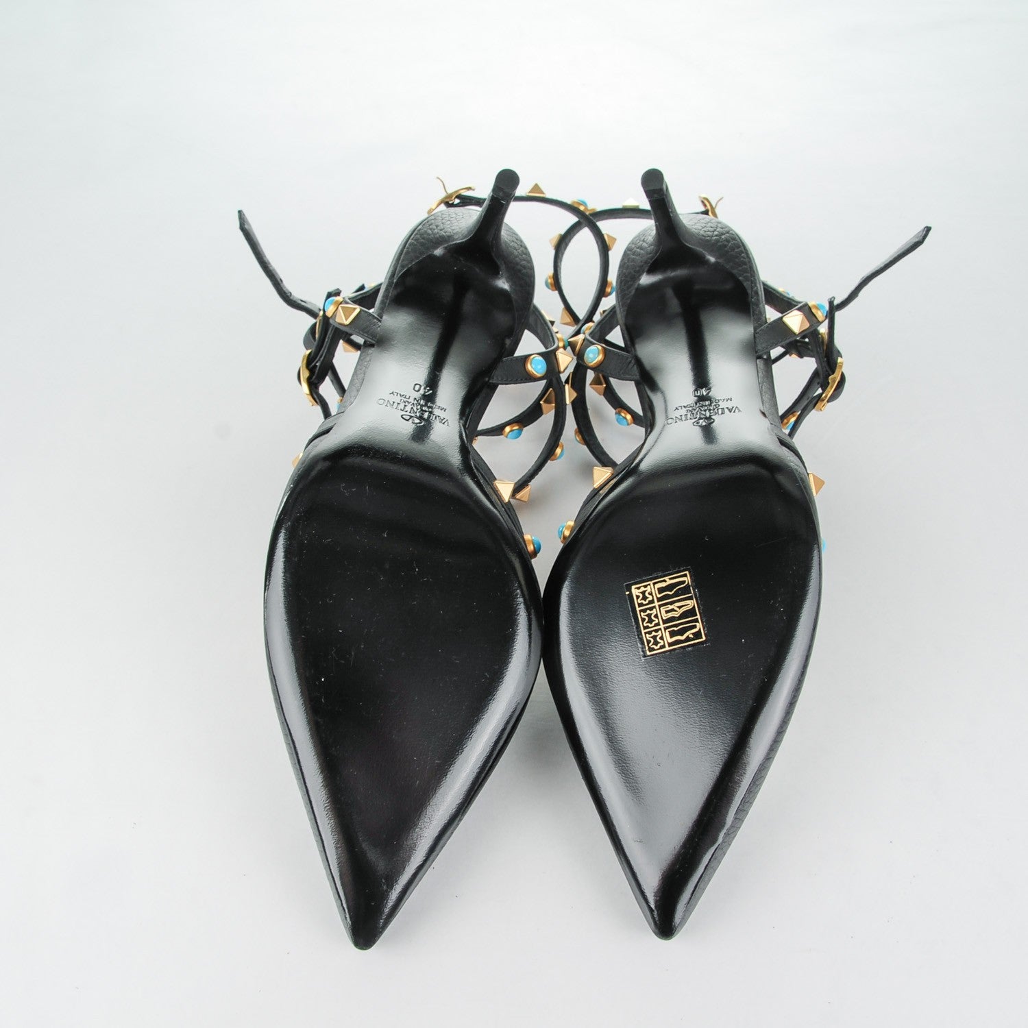 Valentino Garavani Pebbled Calfskin Turquoise Rockstud Rolling Ankle Strap 65mm Pumps 40 Black 5 of 7