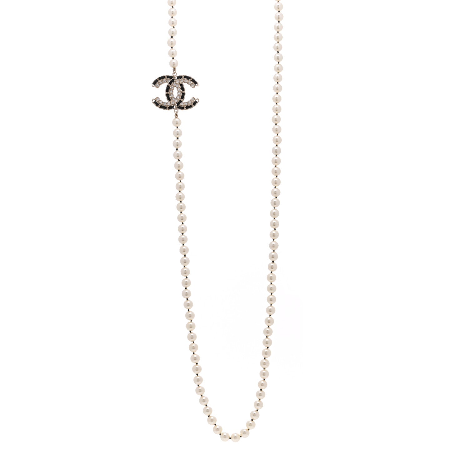 Chanel Pearl Crystal Lambskin CC Long Necklace Gold Black 1 of 6