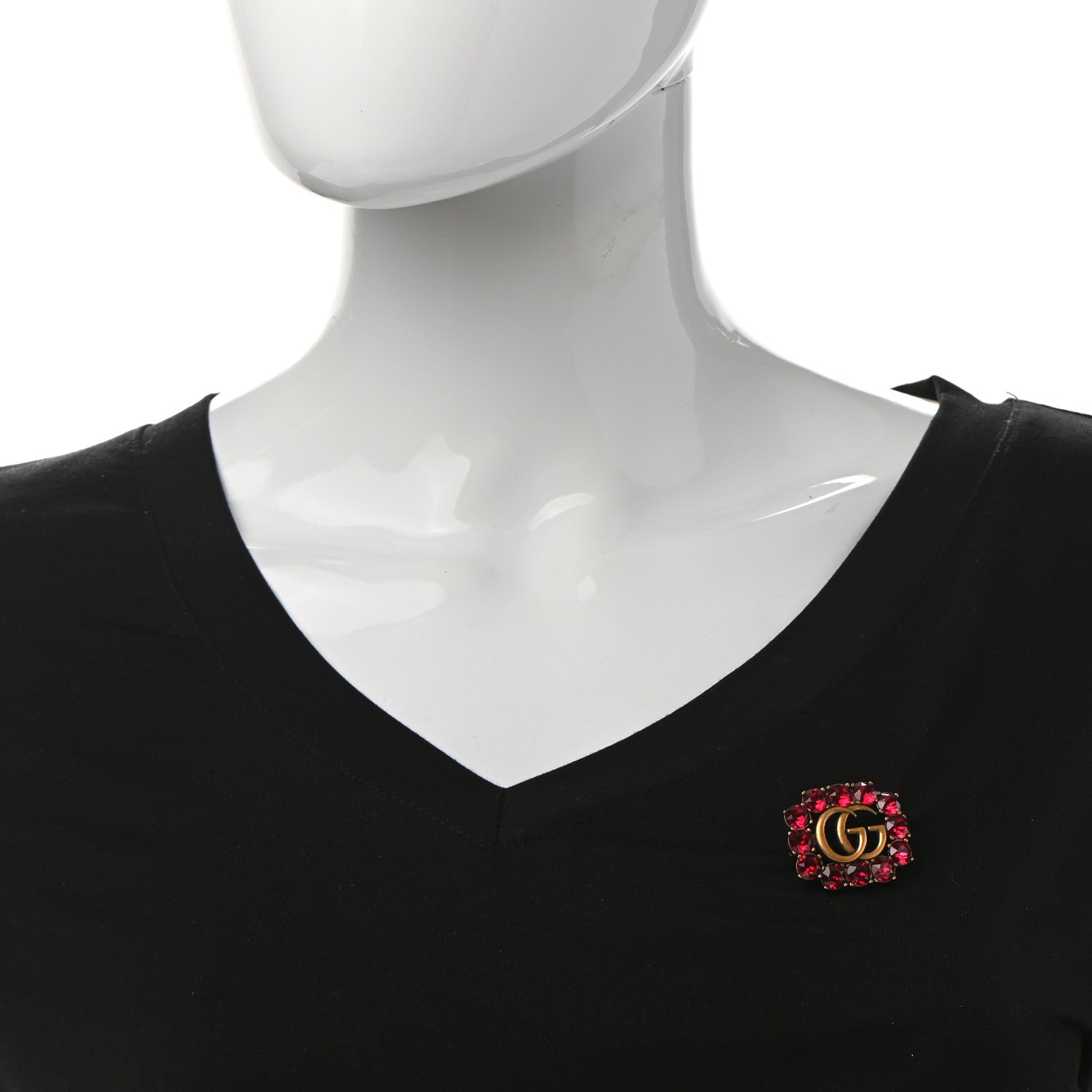 Gucci Metal Crystal Double G Brooch Aged Gold Red 2 of 5