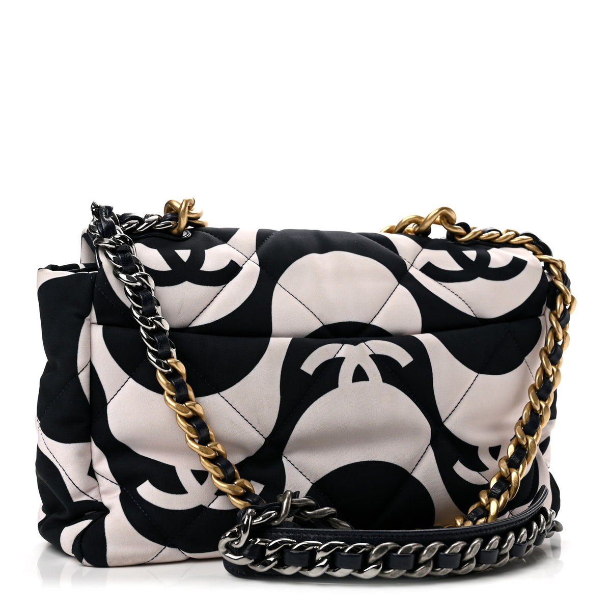 Fabric Printed Large Chanel 19 Flap Black Ecru