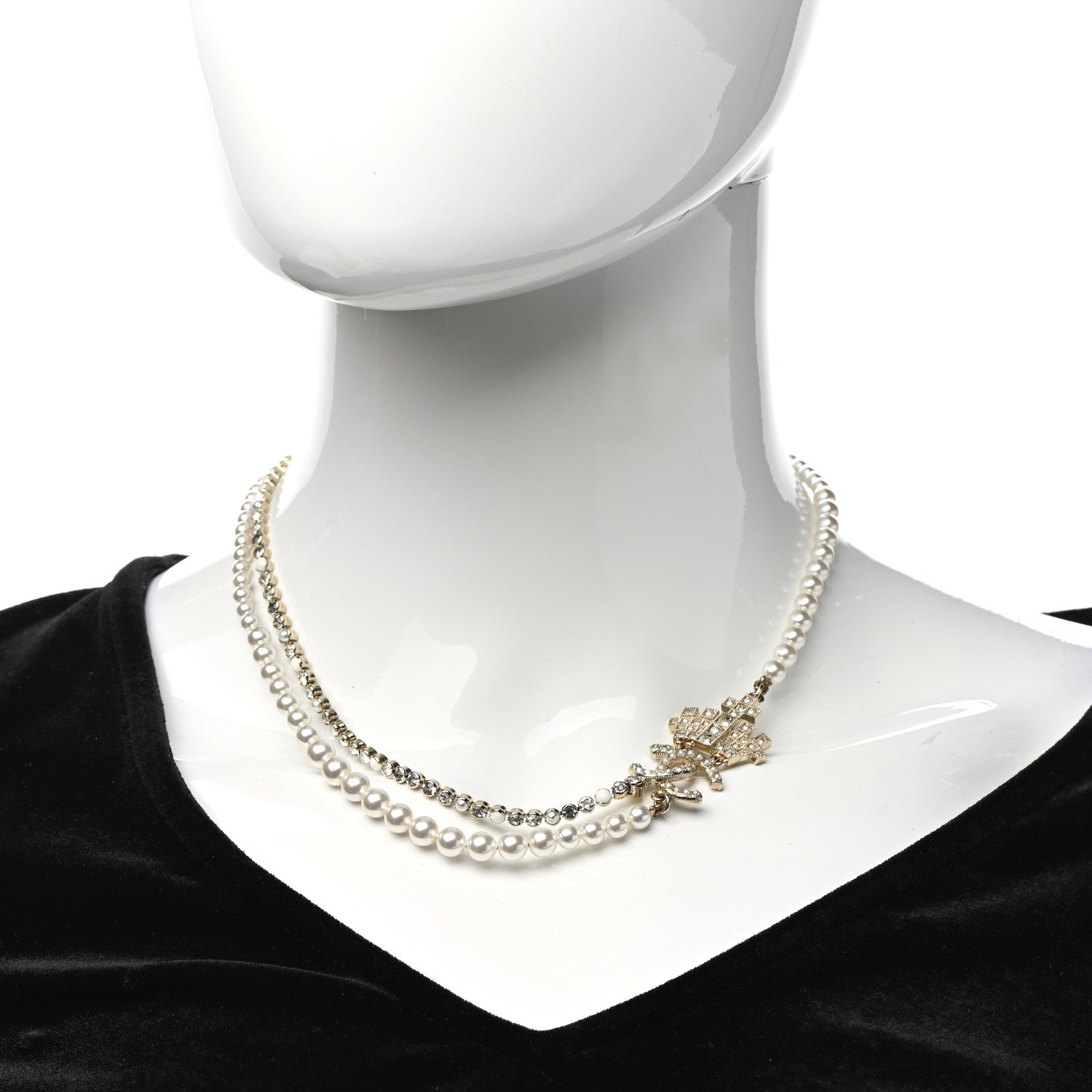 Chanel Pearl Crystal CC Crown Multi Strand Necklace Gold 2 of 6
