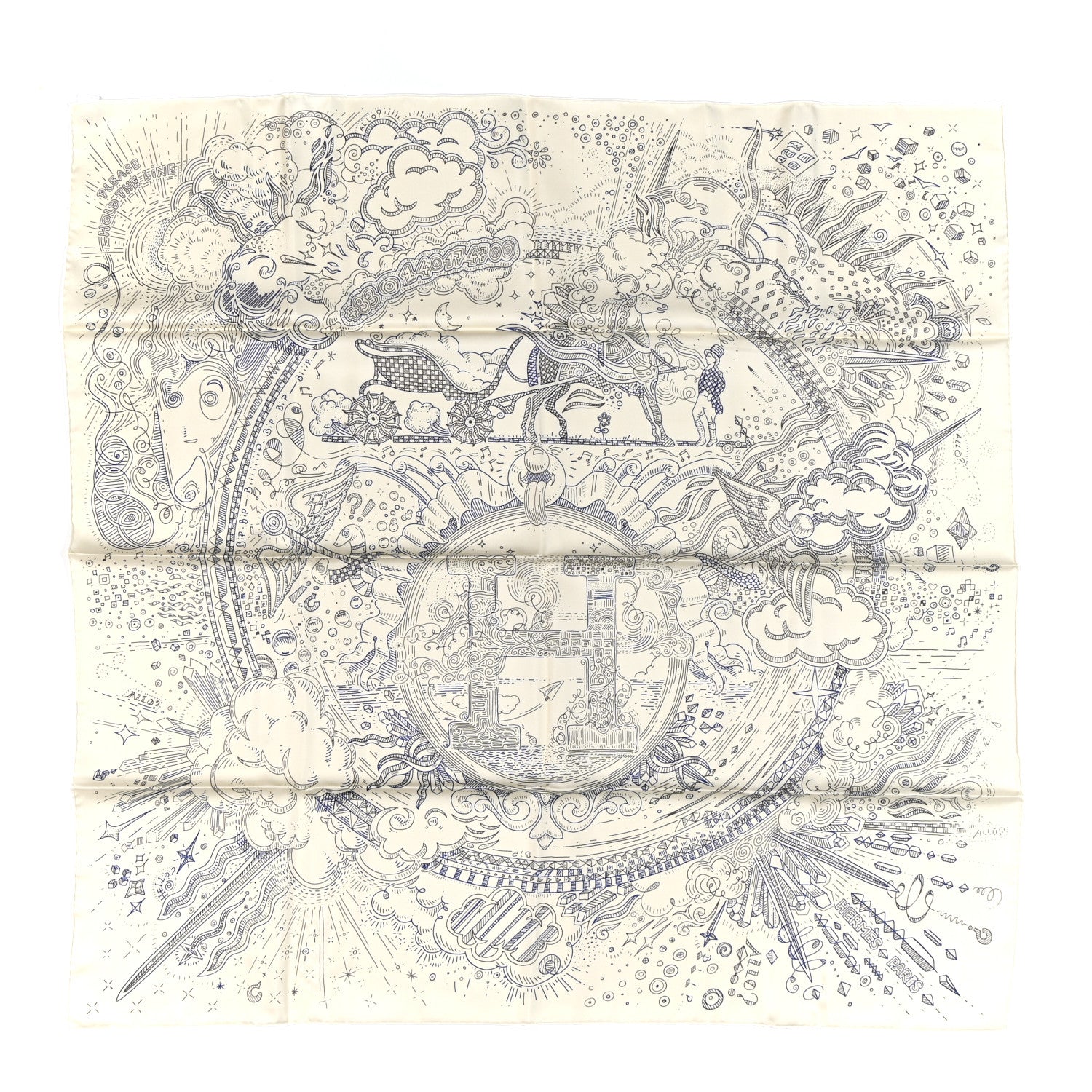 Hermes Silk Please Hold The Line Scarf 90 Creme Bleu Gris 1 of 5